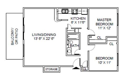 Floor plan for 2 beds, 1 bath, 875 sqft